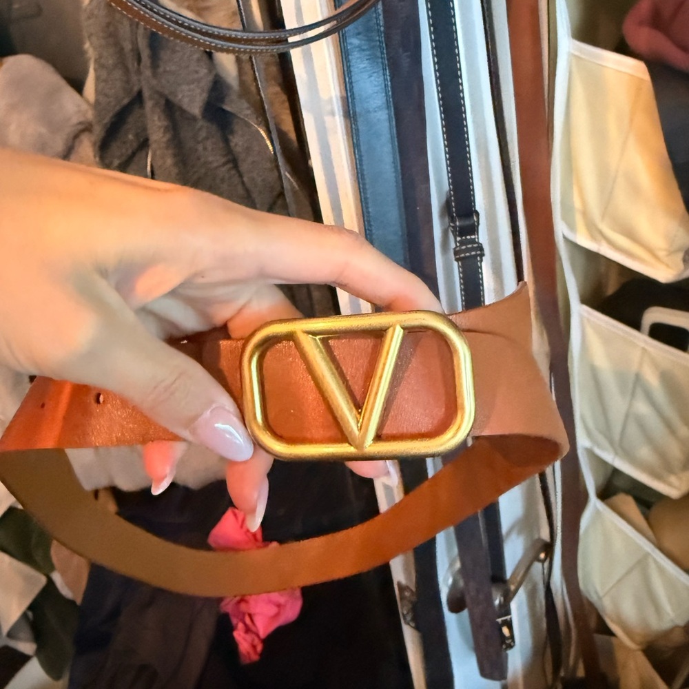 Vici Tan Leather Belt with Gold V Logo Buckle